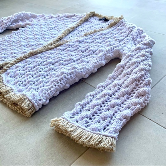 Versace Versus Vintage White Wool Knit Shrug Sweater with Tan Fringe